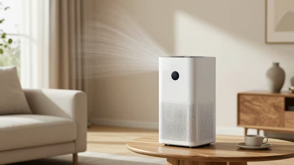 White smart air purifier with mesh grille sits on wooden table in sunlit Polish living room.