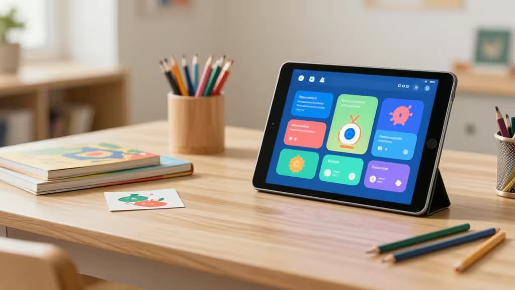 Tablet displays colorful AI learning apps beside pencils, books, and art on a wooden desk.