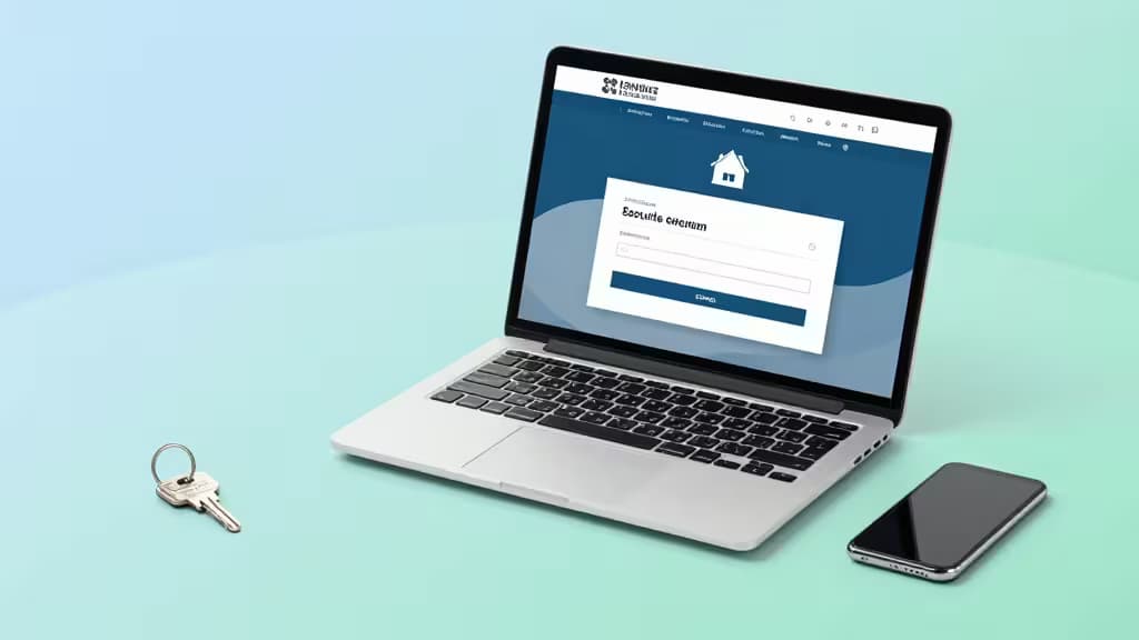 Ordinateur portable argenté affichant un écran de connexion de gestionnaire de mots de passe à côté d'une clé de maison et d'un smartphone sur un bureau vert menthe.