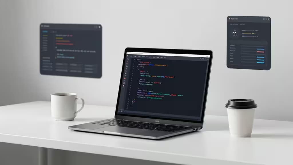 A laptop displays Python code on a white desk, flanked by coffee cups and floating UI panels.