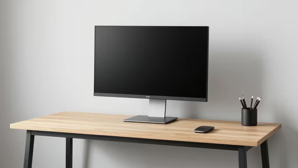 Monitor su scrivania in legno chiaro con gambe nere, design ergonomico e minimalista.