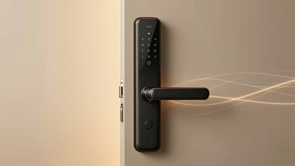Fechadura inteligente preta com teclado numérico e manete, montada numa porta bege, a emitir linhas de sinal wireless brilhantes.