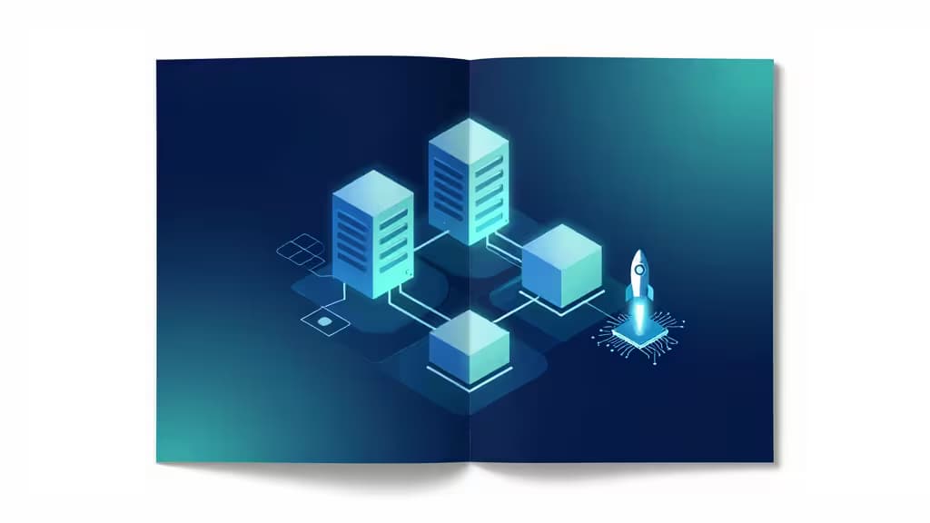 Glowing blue server nodes connect to a circuit board launching a rocket, symbolizing scalable backend infrastructure for rapid MVP development.