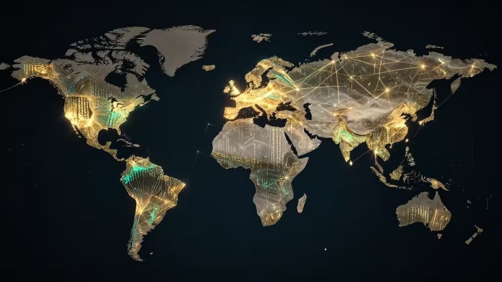 Glowing golden nodes and teal data streams connect continents on a dark world map, symbolizing global crypto trading networks.
