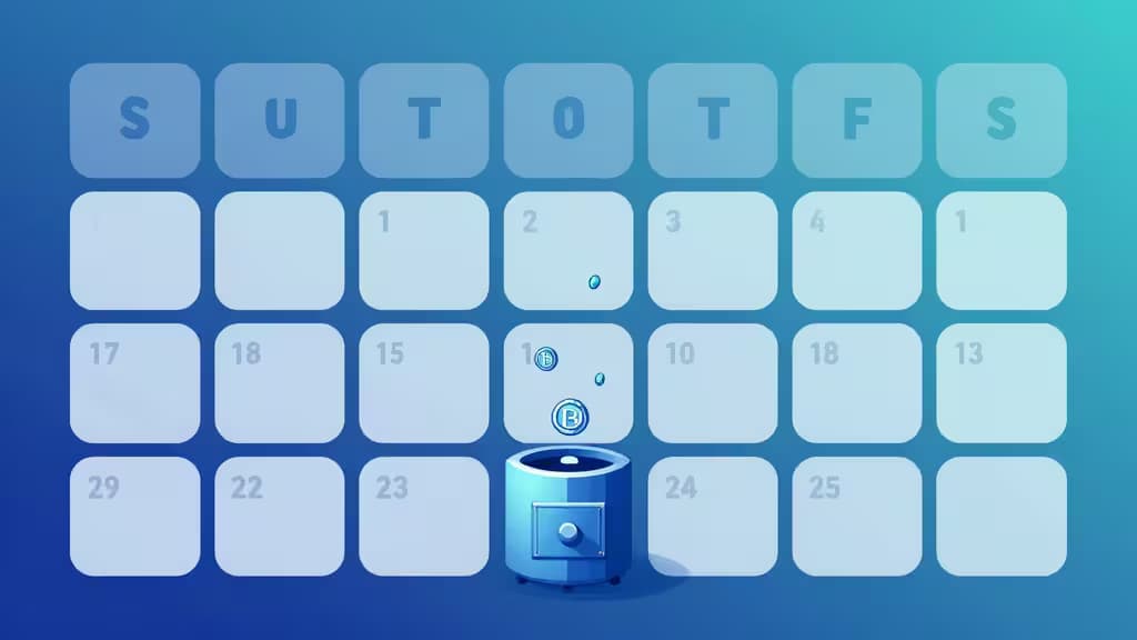 Blue calendar grid with Bitcoin icons falling into a safe, symbolizing automated crypto investments.