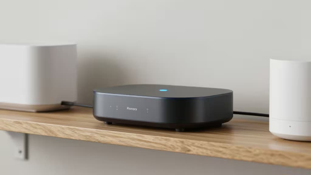 A sleek black smart hub with a glowing blue indicator sits centered on a light wood shelf, flanked by white cylindrical devices.