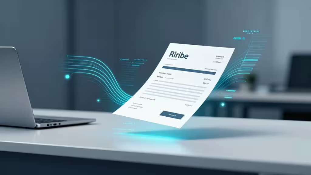 Fattura digitale fluttuante sopra un laptop moderno su una scrivania, circondata da flussi di dati luminosi blu che simboleggiano i flussi di lavoro AP automatizzati.