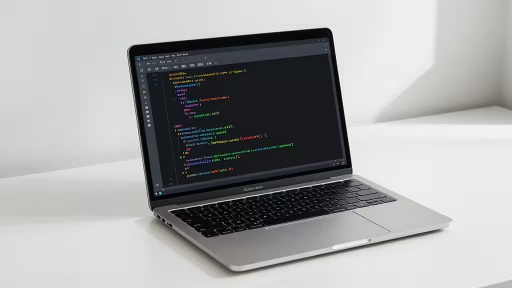 Silver laptop displays VS Code with Python code, highlighting AI-powered data science extensions.