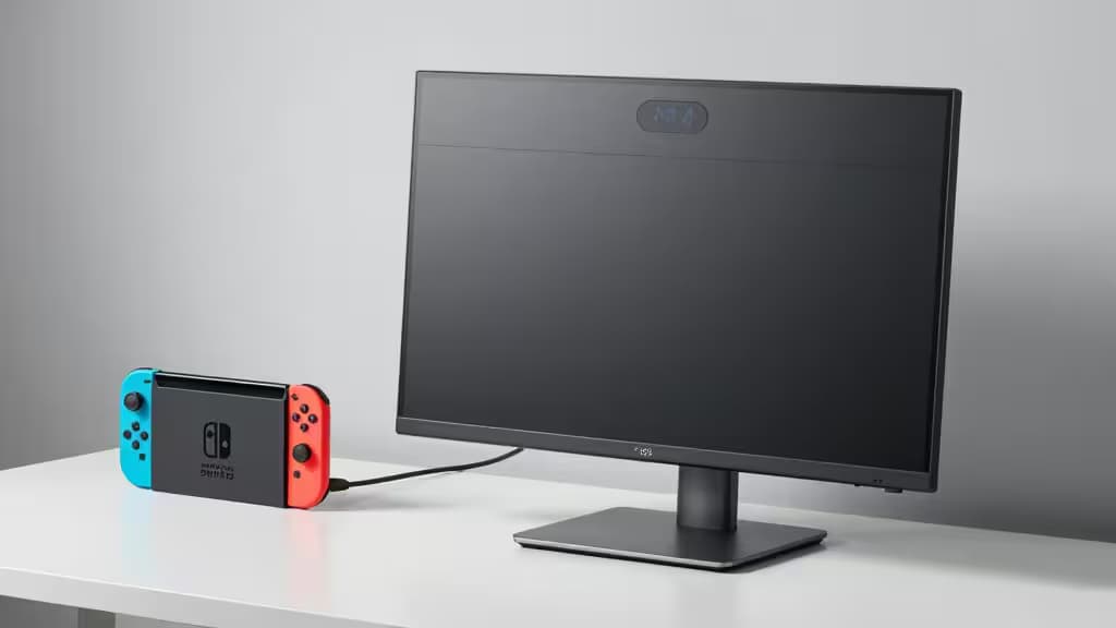 Consola Nintendo Switch com Joy-Cons vermelhos e azuis sobre uma secretária branca, ligada por cabo a um monitor portátil preto elegante.