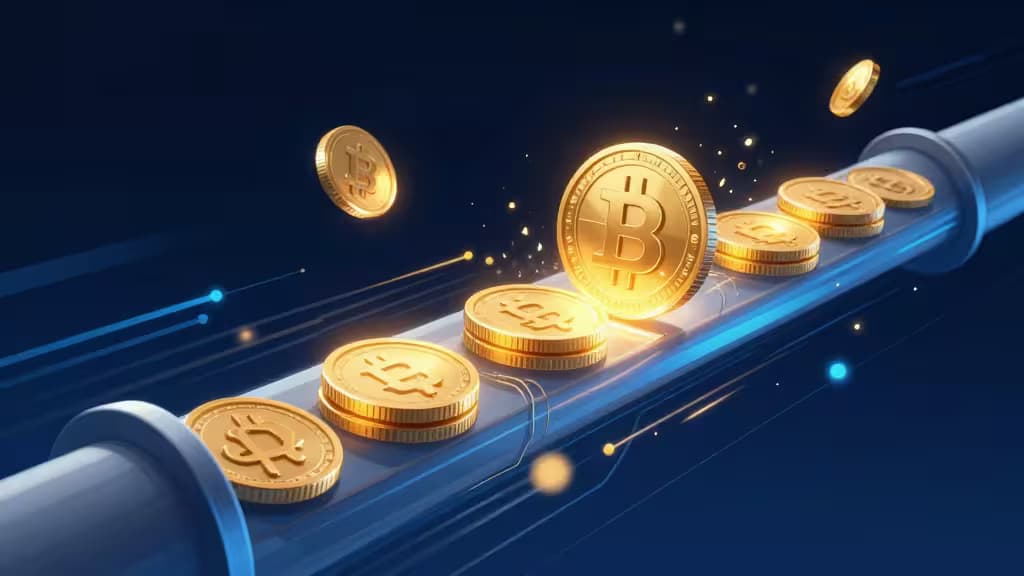 Moedas de Bitcoin douradas fluem através de um pipeline digital azul brilhante contra um fundo escuro.
