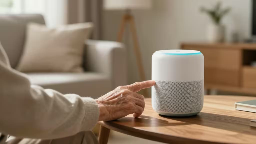 An elderly hand gently touches a white smart speaker on a wooden table in a cozy living room.