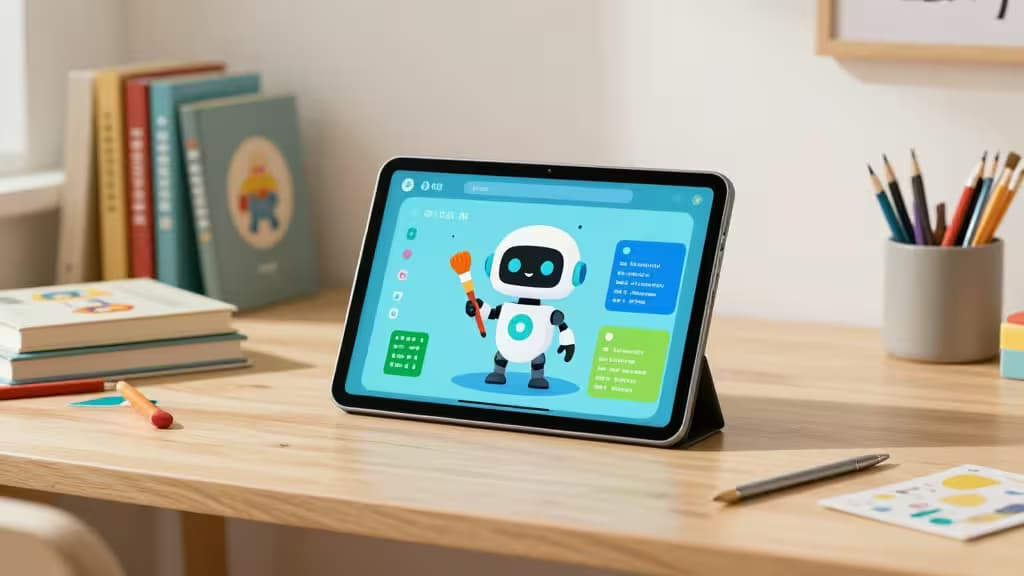 A tablet displays a friendly AI robot tutor on a child's desk, surrounded by books and art supplies.