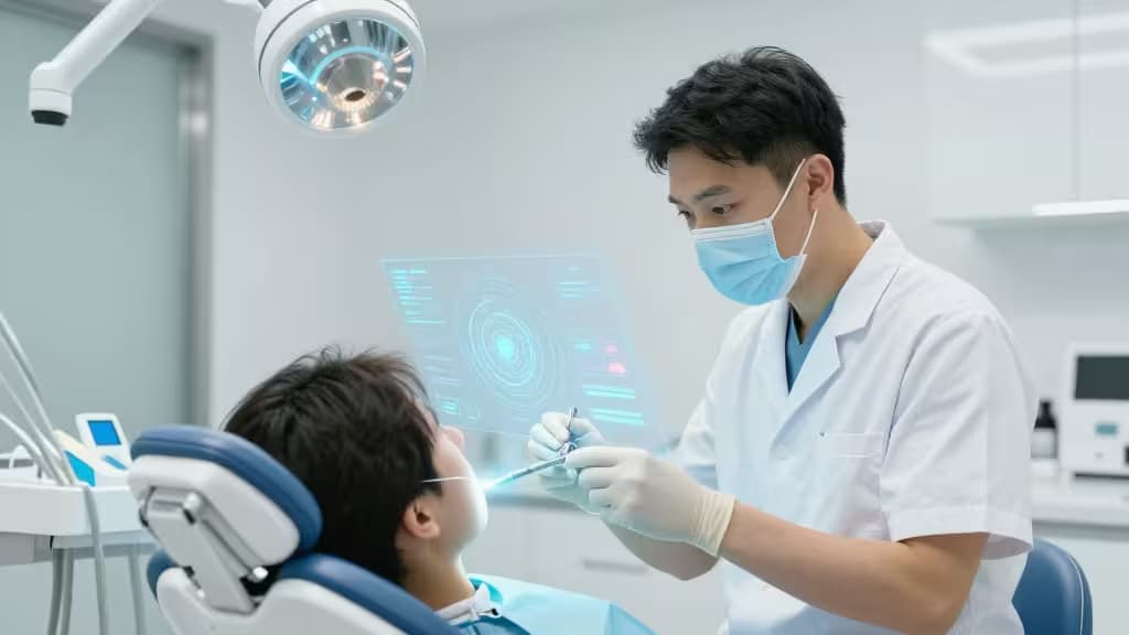Un dentiste utilise des diagnostics holographiques assistés par IA tout en traitant un patient dans une clinique moderne française.