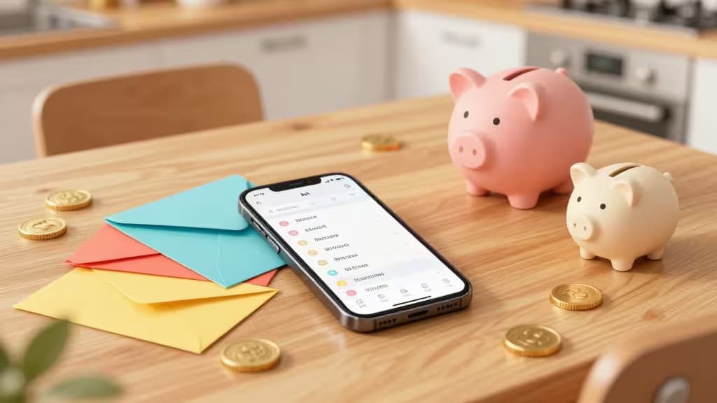 Eine Familie am Küchentisch mit Smartphone, Sparbüchsen in verschiedenen Größen, Budget-Kuverts und verstreuten Münzen — warmes, natürliches Licht im editorialen Stil.