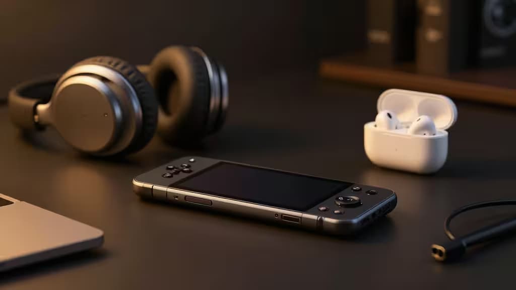 A handheld gaming device on a desk beside wireless over-ear headphones and earbuds in a charging case, warm ambient lighting