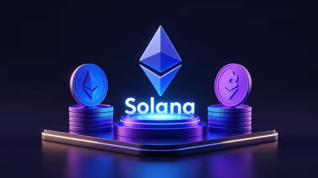 Glowing Ethereum and Solana coins flank a central Solana logo on a sleek, illuminated platform.