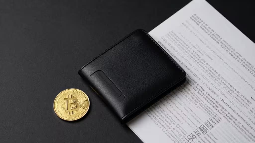 Black leather wallet rests beside gold Bitcoin coin on dark surface, atop printed document.