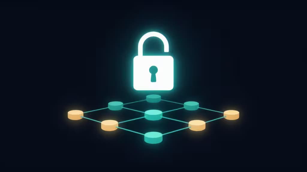 Abstract illustration of a glowing padlock floating above interconnected cluster nodes on a dark navy background, representing Kubernetes secrets management.