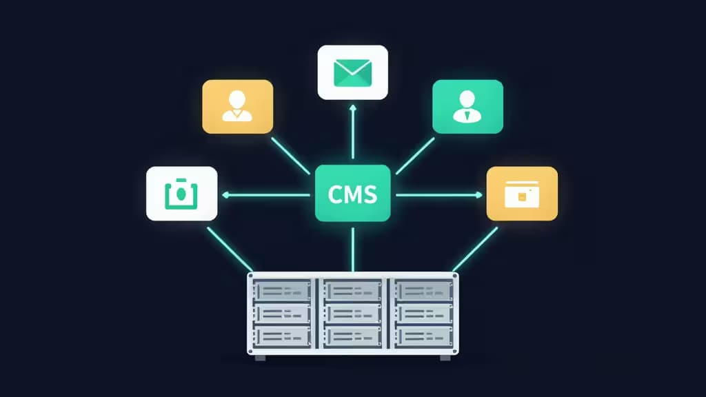 Ilustração abstracta de arquitetura headless CMS com nós de conteúdo ligados por linhas de API brilhantes sobre fundo azul-escuro