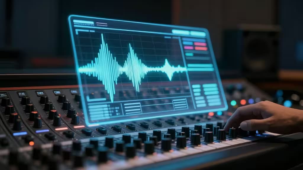 Une main ajuste des potentiomètres sur une console de mixage devant un affichage holographique de formes d'onde lumineuses.