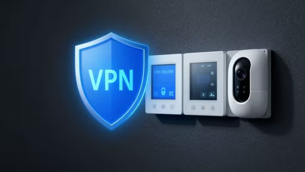 Un bouclier VPN bleu lumineux flotte à côté de trois appareils connectés blancs sur un mur sombre.