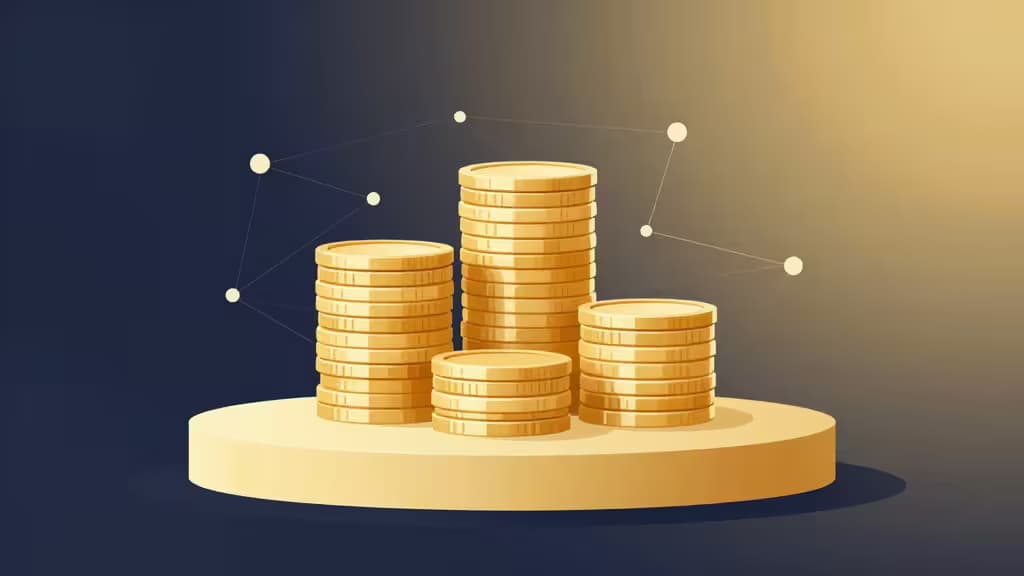 Golden coin stacks rise on a platform, connected by glowing network lines against a gradient blue-gold background.