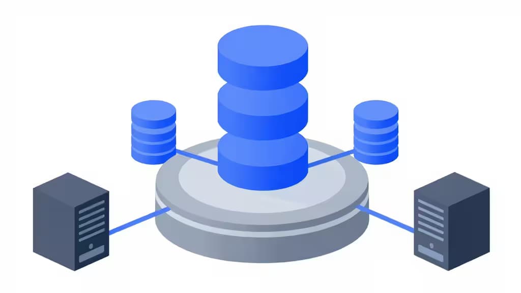 Blue isometric database stacks connect to servers, symbolizing no-code backend tools for developers.