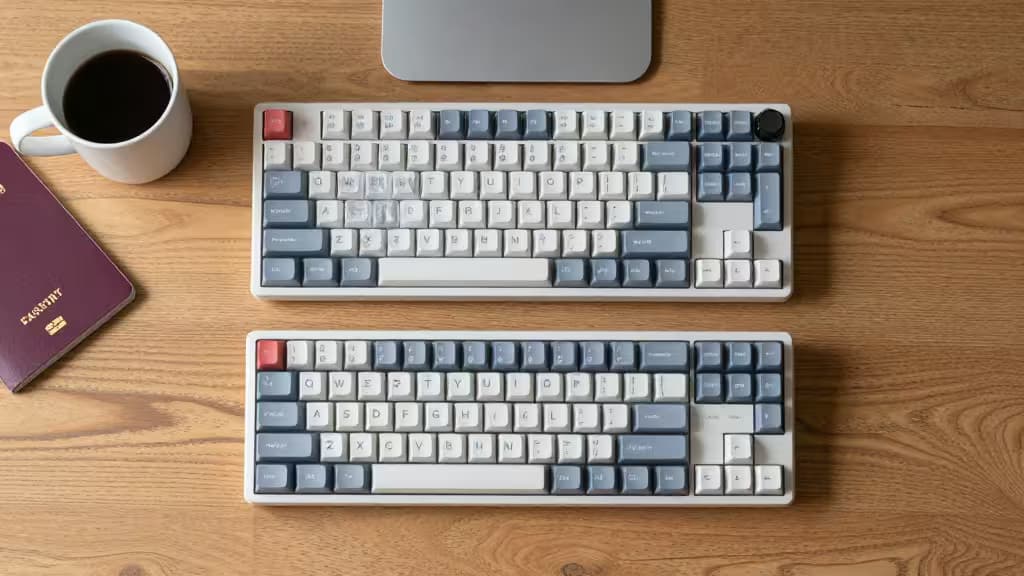 Two compact mechanical keyboards rest on a wooden desk beside a passport and coffee cup.
