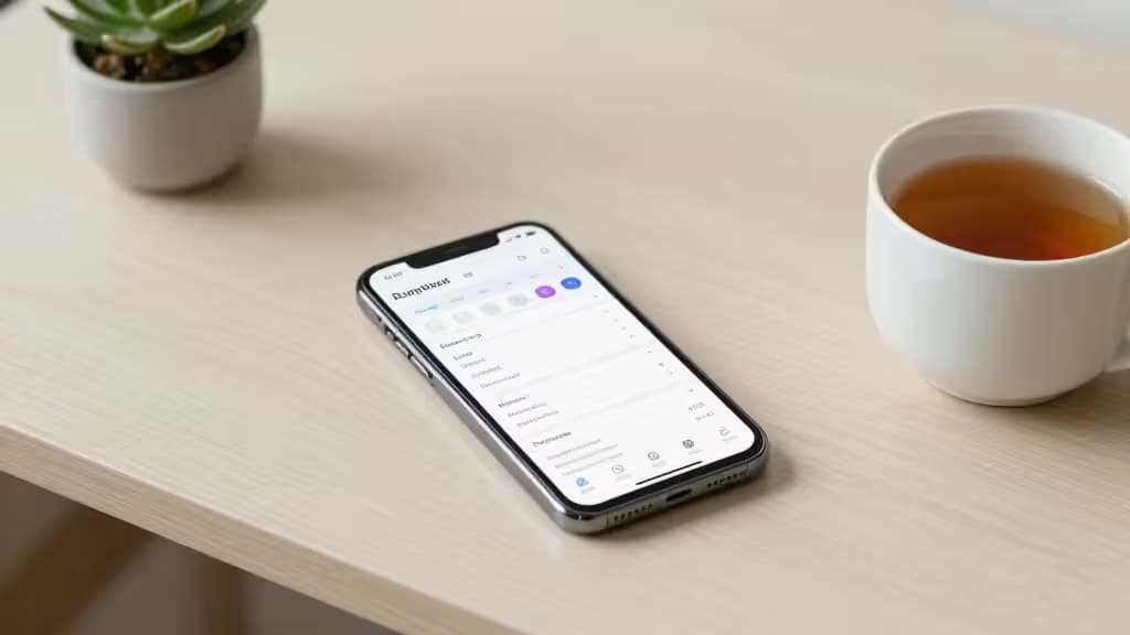 A smartphone displaying a budgeting app rests on a light wood desk beside a white teacup and potted succulent.
