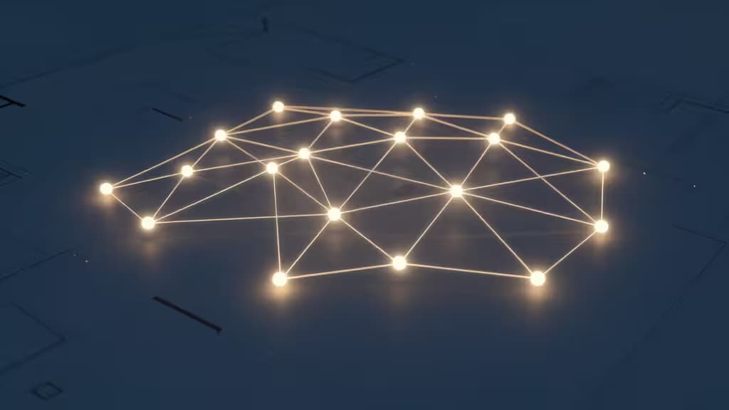 Glowing nodes form a mesh network on a dark surface, symbolizing smart home connectivity.