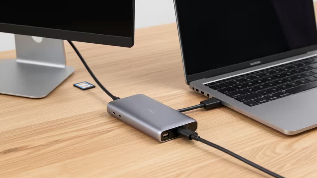 Silver USB-C hub connects MacBook Air to monitor and peripherals on wooden desk.