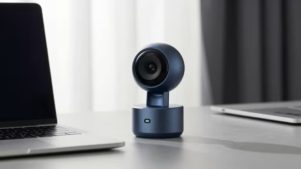 Webcam sferica blu su scrivania minimalista accanto a un laptop, illuminazione naturale soft da finestra.