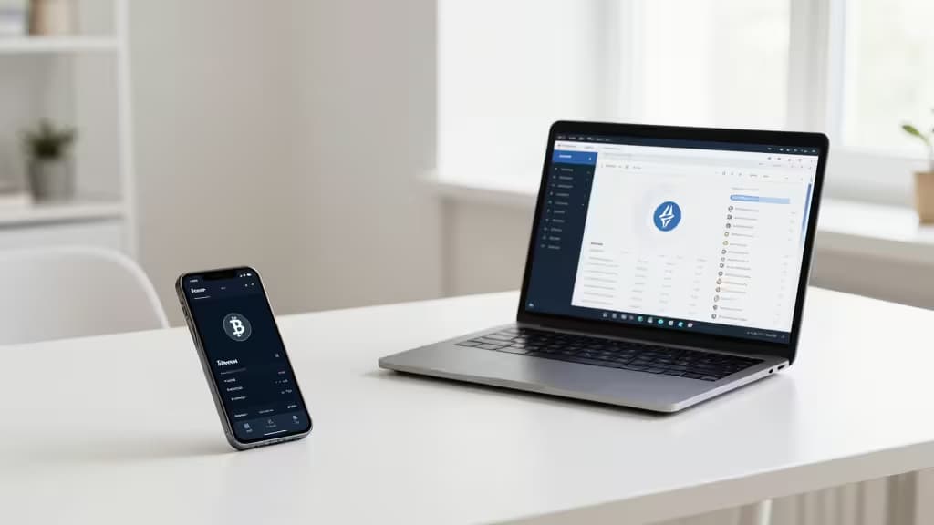 Ein Smartphone und ein Laptop zeigen Krypto-Handels-Oberflächen auf einem minimalistischen weißen Schreibtisch.