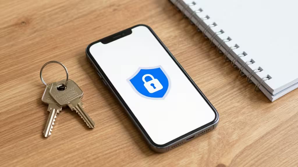 Smartphone displays blue shield icon beside physical keys on wooden desk.