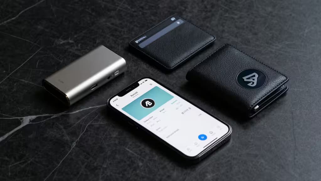 Silver Ledger device, black leather wallets, and smartphone displaying crypto app on dark marble surface.