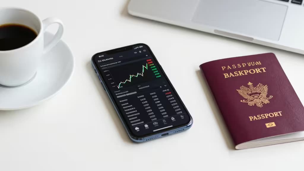 Smartphone exibindo gráfico de criptomoedas ao lado de passaporte da União Europeia, xícara de café e laptop sobre mesa branca, representando investimento cripto regulamentado na Europa