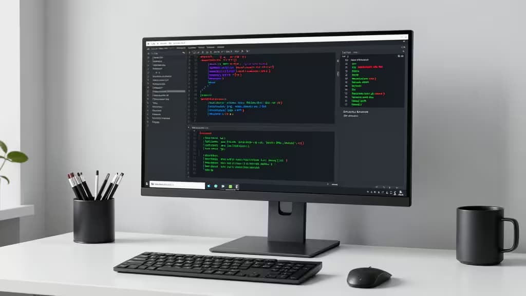 A sleek monitor displays TypeScript code with coverage metrics, flanked by a mug and pen holder on a minimalist desk.
