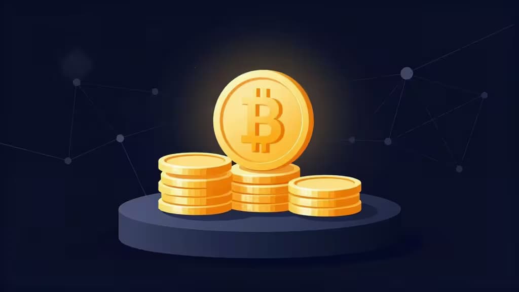 Abstrakte Darstellung von Krypto-Staking: goldene Münzen auf einem Podest mit Blockchain-Netzwerk im Hintergrund