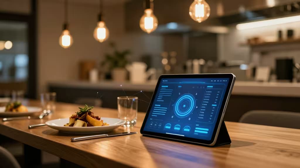 A cozy modern restaurant interior with warm ambient lighting, a tablet displaying an AI interface on a wooden table, a beautifully plated dish, and soft bokeh of hanging Edison bulbs.