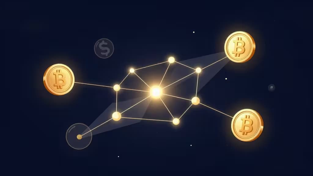 Golden Bitcoin coins connected by glowing lines on a dark background, symbolizing crypto staking networks.