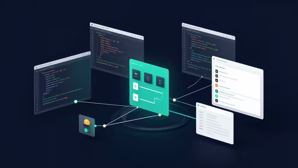 Rendu 3D abstrait d'un espace de travail headless CMS avec des panneaux de code flottants et des flux de données lumineux sur fond navy