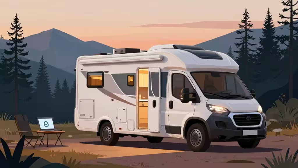 A white RV parked in a forest clearing at dusk, with a laptop displaying a VPN logo on a small table beside it.