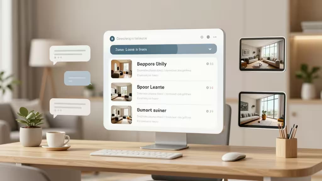 Um monitor elegante exibe uma interface de listing imobiliário com imagens de propriedades e balões de chat flutuantes sobre uma secretária de madeira organizada.