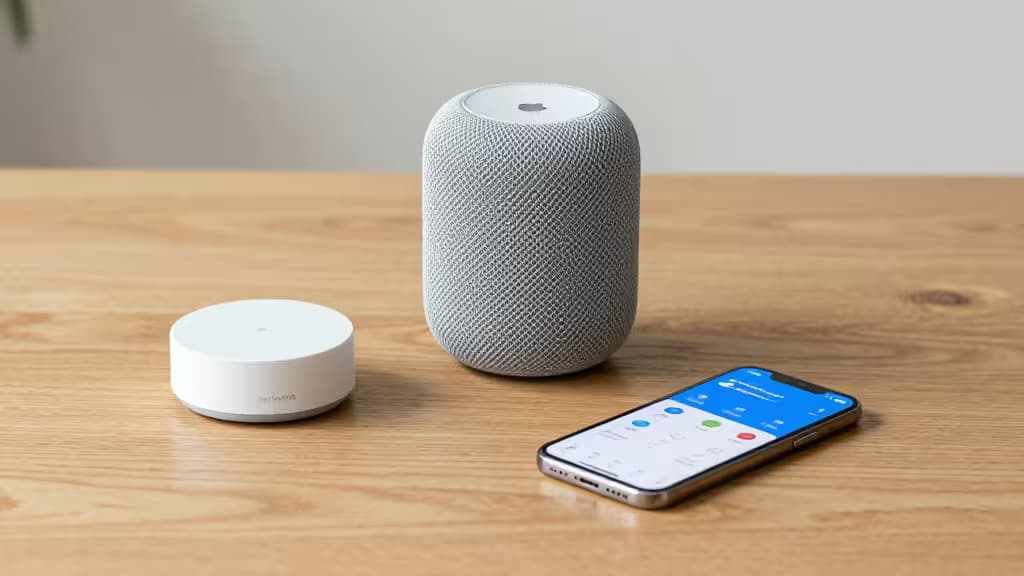 A HomePod mini, Aqara hub, and iPhone rest on a wooden table.