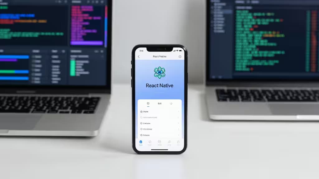Smartphone displays React Native app with error tracking interface, flanked by laptops showing code.