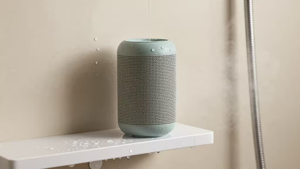 Компактная водонепроницаемая Bluetooth-колонка на мокрой полке в душе с каплями воды и паром