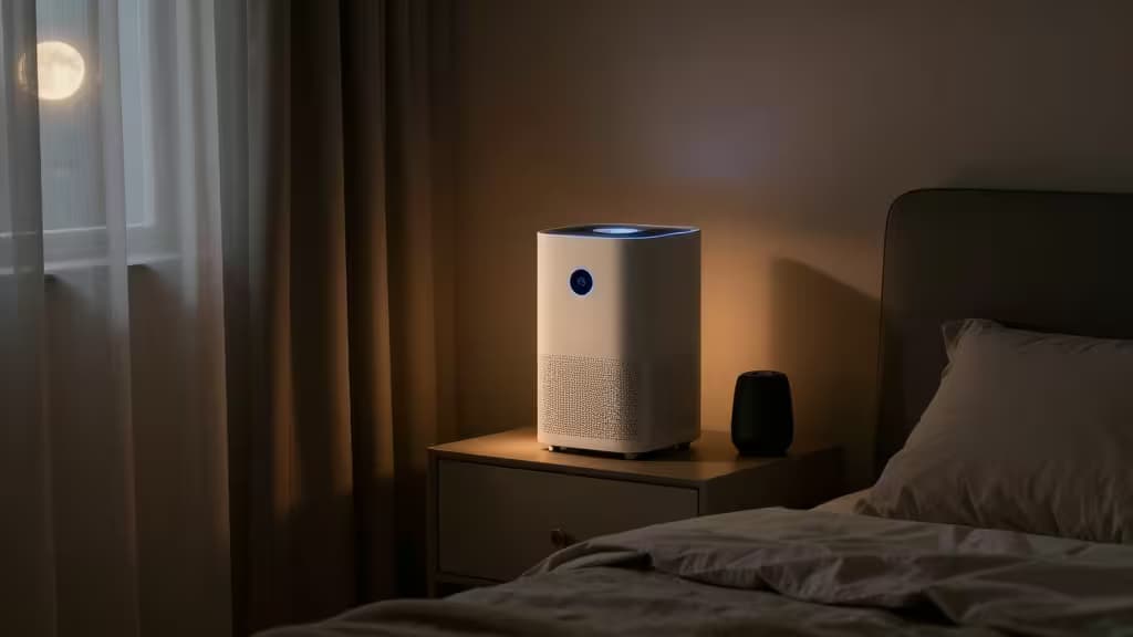 Witte luchtzuiveraar en zwarte slimme speaker op een houten nachtkastje naast een rommelig bed in een donkere slaapkamer.