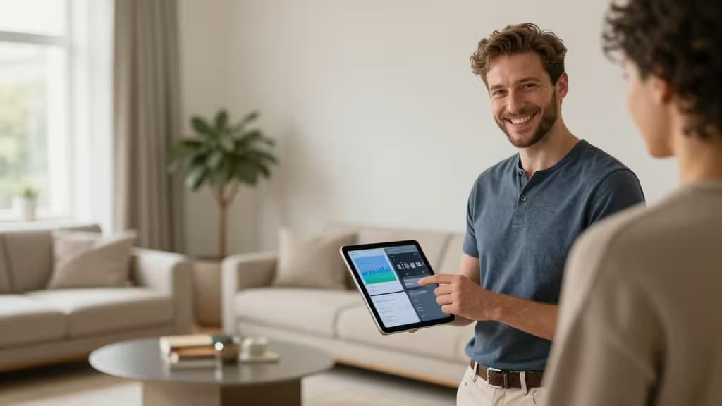 Glimlachende makelaar met AI-dashboard op tablet in lichte, moderne woonkamer met virtuele styling