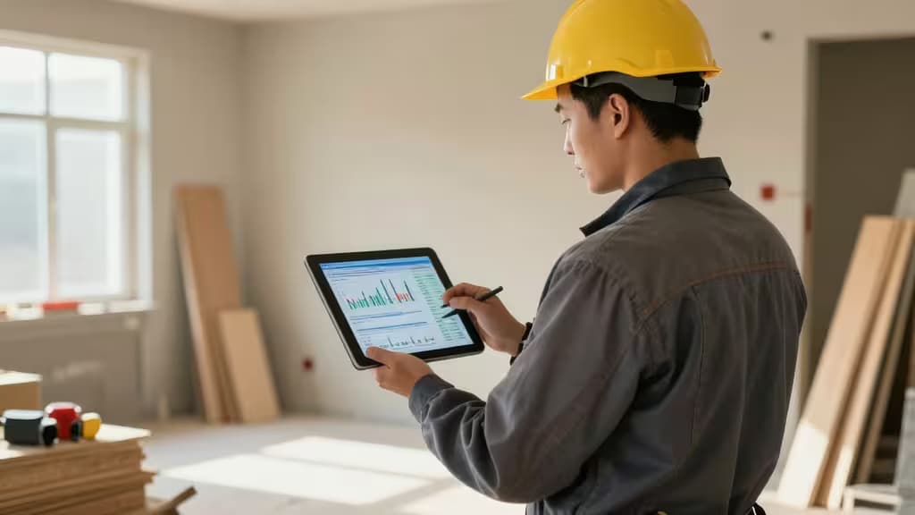 Construction worker in hard hat analyzes expense data on tablet at job site.