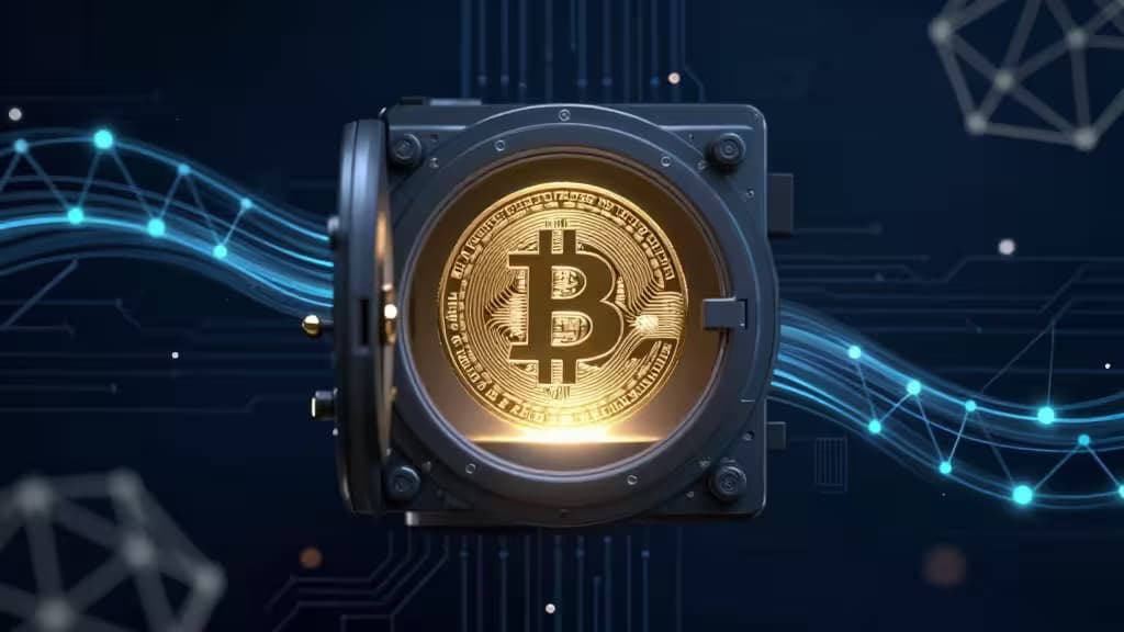 Représentation abstraite d'un Bitcoin doré émergeant d'un coffre numérique, symbolisant la détention directe et la self-custody face aux ETF